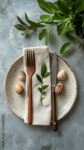 Elegant Table Setting With Quail Eggs and Greenery on a Rustic Plate