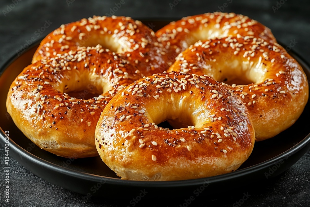 Delicious Sesame and Poppy Seed Bagels on Dark Plate Close Up Delicious Sesame and Poppy Seed Bagels on Dark Plate Close Up
