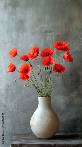 Vibrant Red Poppies Arranged in a Rustic Vase on a Neutral Background for a N...