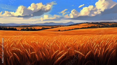 Golden Wheat Field Under a Vibrant Blue Sky With Clouds at Midday