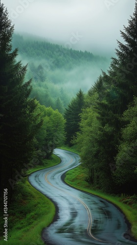 Winding Road Through Lush Green Forest During Misty Morning in Scenic Landscape