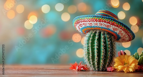 Cactus Wearing Colorful Sombrero on Wooden Table With Festive Lights in Backg...