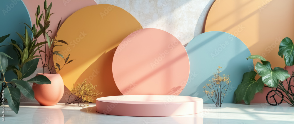 Fototapeta premium pastel-colored platform with plants for product display