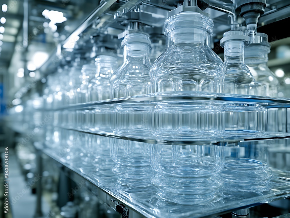Bottled water production line in a modern factory. Bottled water production line in a modern factory.