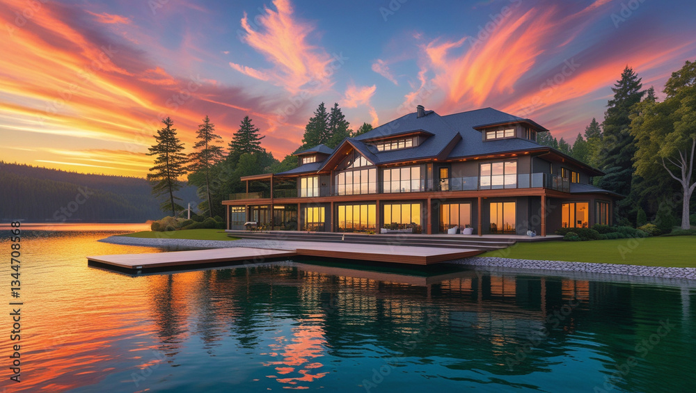 Fototapeta premium Lakeside Dream Home at Sunset: A luxurious waterfront estate basking in the warm glow of a breathtaking sunset, reflected perfectly in the tranquil lake waters.
