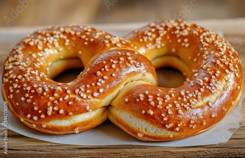 Soft Baked Pretzel With Coarse Salt on a Wooden Surface in a Warm, Inviting K...