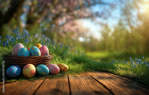 Colorful Easter Eggs in a Basket Surrounded by Flowers in a Sunny Garden Setting