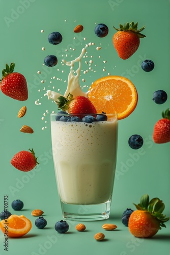 Refreshing Smoothie With Fresh Fruits and Nuts on a Vibrant Green Background
