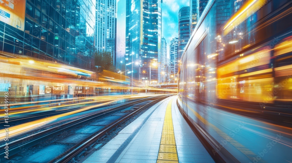 Fototapeta premium City Train Station at Night, blurred motion, urban scene, high-rise buildings