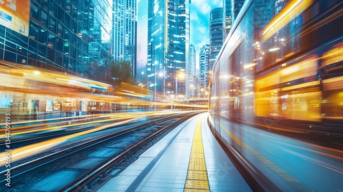 City Train Station at Night, blurred motion, urban scene, high-rise buildings