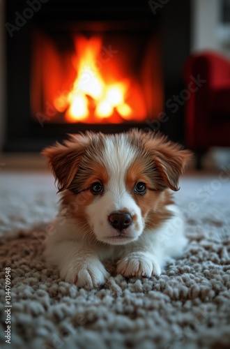 Cozy Puppy Relaxing by the Fireplace in a Warm Living Room During Winter