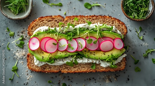 Gourmet Sandwich With Fresh Vegetables and Herbs on Rustic Wooden Table