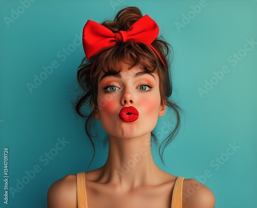 Bold Beauty With Red Lips and a Playful Bow Against a Vivid Blue Background