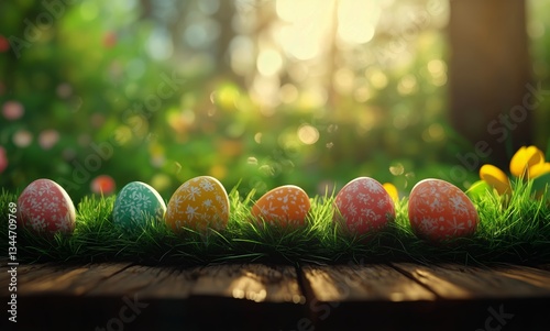 Colorful Easter Eggs Among Flowers in a Sunny Garden Setting During Spring Se...