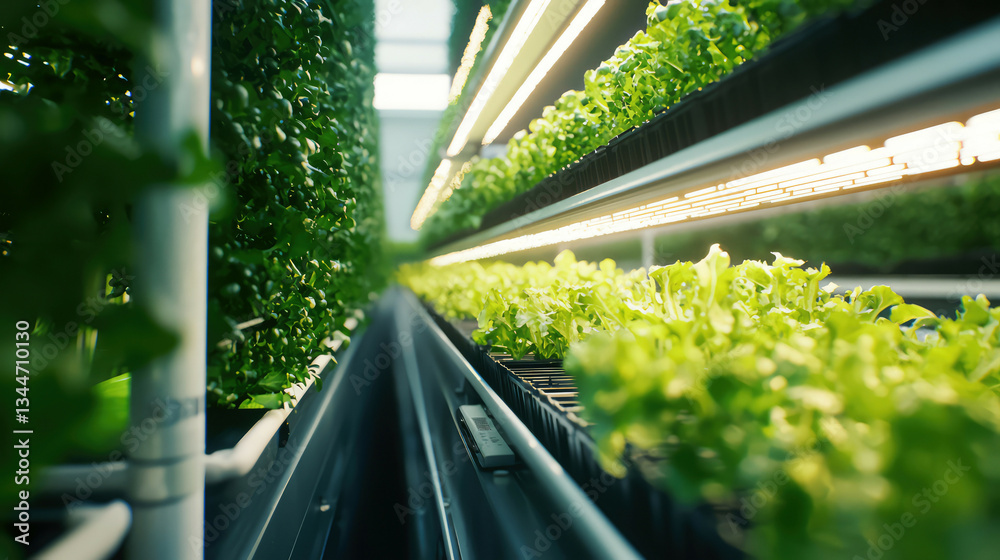 Futuristic vertical farm with automated irrigation systems, vibrant crops growing in modular hydroponic trays Futuristic vertical farm with automated irrigation systems, vibrant crops growing in modular hydroponic trays