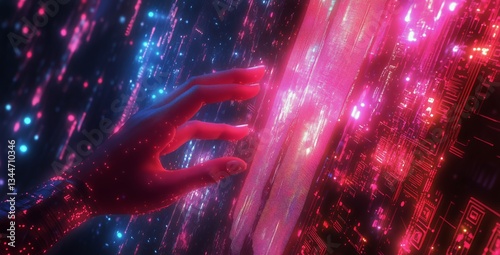 Exploring a Digital Landscape With a Hand Reaching Towards Glowing Pixels in ...