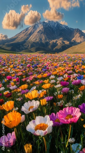 Colorful Wildflower Field With Mountains and Clouds at Sunset in the Background