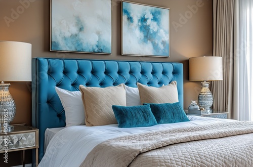 Elegant Bedroom Design Featuring Blue Accents and Modern Artwork in a Cozy Se...