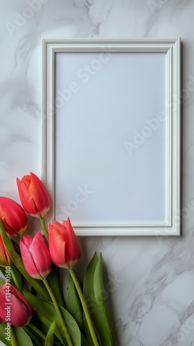 Bright Tulips Beside an Empty White Frame on a Marble Surface Creating a Vibr...