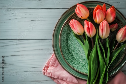 Colorful Tulips Arranged on Plates With a Soft Cloth Capturing a Serene Dinin...