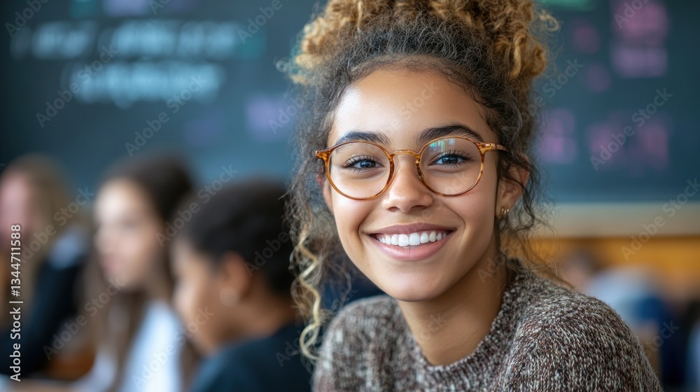 Fototapeta premium Potrait of a young woman wearing glasses smiling brightly in front of a blackboard