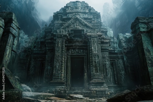 Ancient weathered temple ruins nestled within a mountain pass