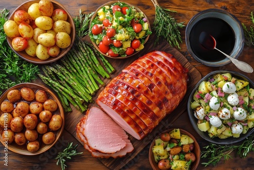 Delicious Holiday Feast Featuring Glazed Ham, Fresh Salads, and Roasted Veget...