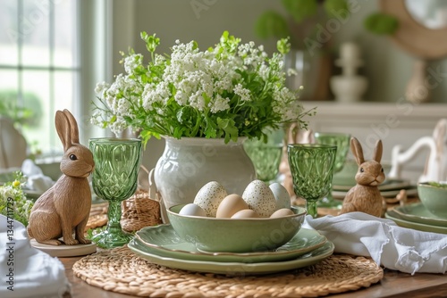 Elegant Spring Table Setting With Flowers and Decorative Bunnies for a Festiv...