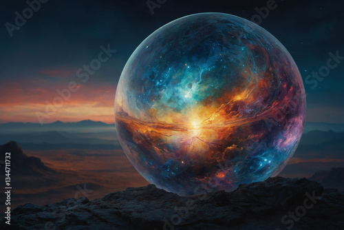 Cosmic Orb in a Colorful Desert: A Vibrant Sphere of Surreal Celestial Energy.