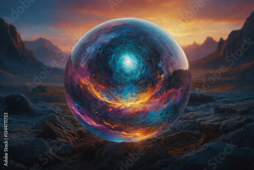Cosmic Orb in a Colorful Desert: A Vibrant Sphere of Surreal Celestial Energy.