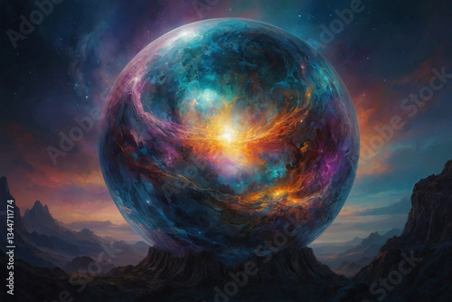 Cosmic Orb in a Colorful Desert: A Vibrant Sphere of Surreal Celestial Energy.