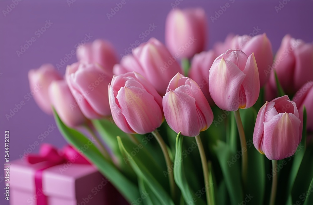 Fototapeta premium Pink Tulips and a Gift Box Create a Lovely Arrangement on a Purple Background