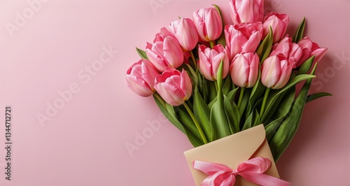 Pink Tulips Arranged in a Gift Box With Ribbon on a Soft Pink Background for ...