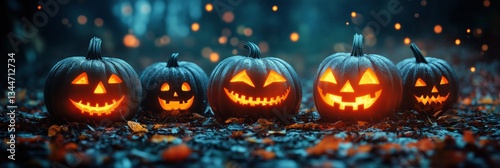 Spooky Halloween Pumpkins Glowing in the Night With Fallen Leaves Around