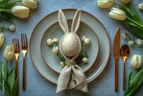 Elegant Easter Table Setting With Decorative Egg and Tulips in Spring