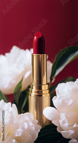 Lipstick Surrounded by Beautiful Peonies on a Soft Pink Background
