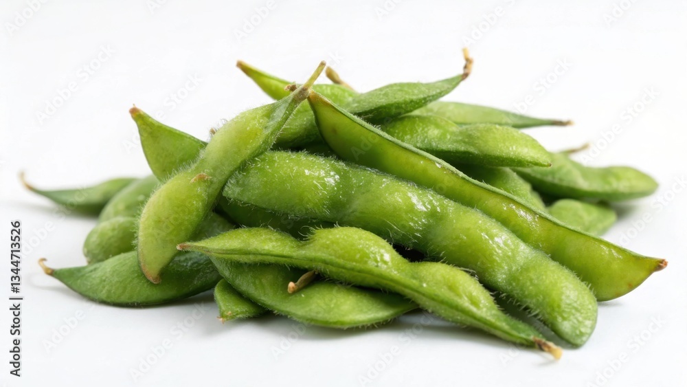 Fresh Edamame Pods on White Background, Ideal for Healthy Snack Mockups or Vegetable Themes, Featuring Natural Texture and Isolated Shot Fresh Edamame Pods on White Background, Ideal for Healthy Snack Mockups or Vegetable Themes, Featuring Natural Texture and Isolated Shot