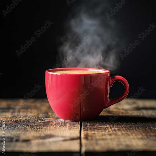 Warm Coffee Steams in a Red Cup on Rustic Wooden Table in Dim Light
