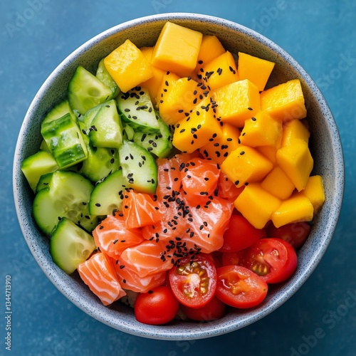 Colorful Bowl of Fresh Ingredients With Salmon, Mango, Cucumber, and Cherry T...