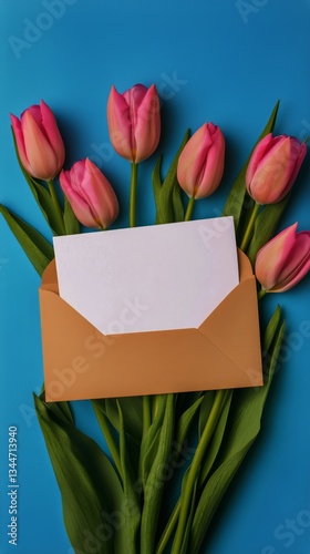 Bouquet of Pink Tulips in an Envelope on a Vibrant Blue Background