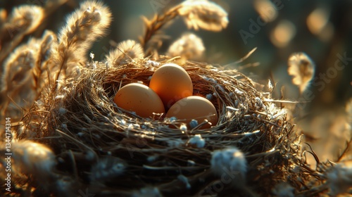 Nest With Three Brown Eggs Surrounded by Soft Grass in Warm Sunlight