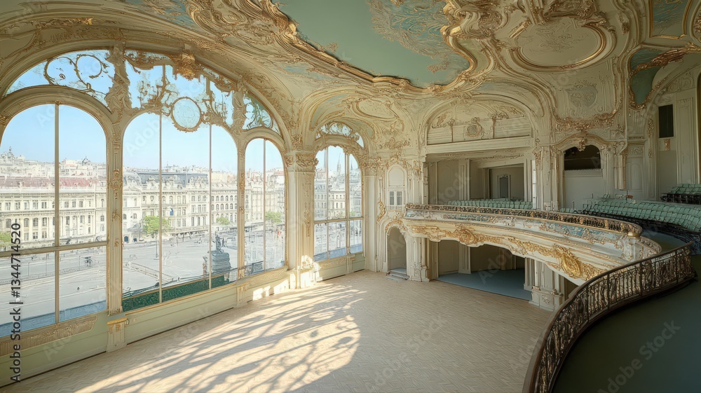 Obraz premium Sunlit Grand Hall Interior with City View