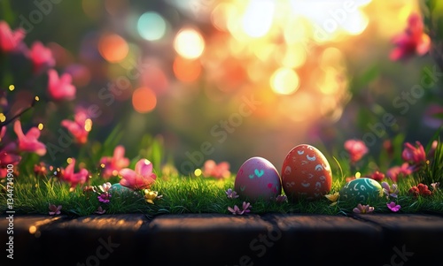 Colorful Easter Eggs Among Flowers in a Sunny Garden Setting During Spring Se...
