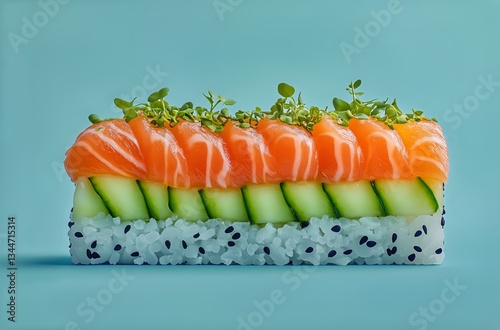 Sushi Featuring Salmon and Cucumber on a Vibrant Blue-Green Background