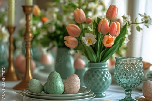 Elegant Table Setting for Spring Celebration With Flowers, Candles, and Decor...