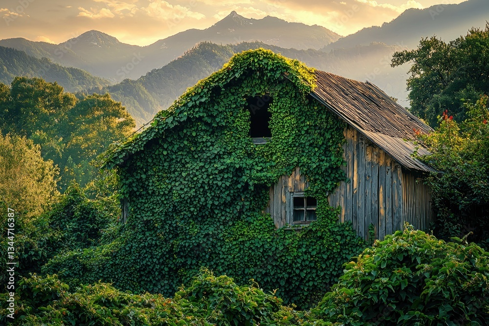 Ivy-covered rustic wooden house nestled in a mountain valley at sunset. Ivy-covered rustic wooden house nestled in a mountain valley at sunset.