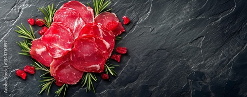 Delicious Thinly Sliced Cured Meat With Herbs on a Dark Slate Plate