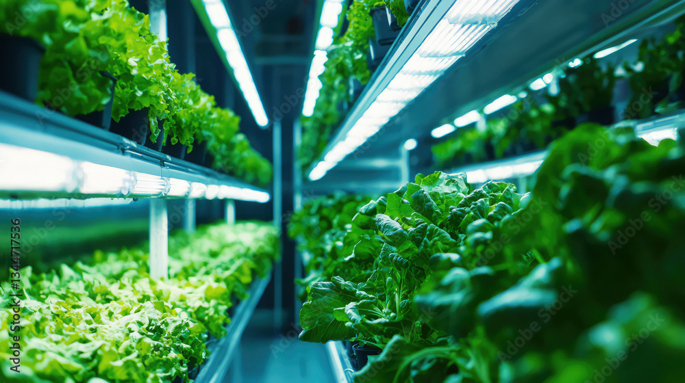 High-tech vertical farming greenhouse, stacked rows of leafy greens under soft blue LED lights High-tech vertical farming greenhouse, stacked rows of leafy greens under soft blue LED lights