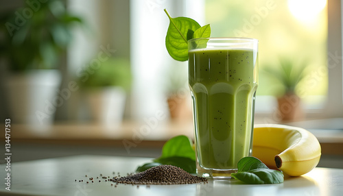 Fresh Kitchen Scene with Glass of Green Smoothie, Spinach, Banana, and Chia Seeds, Bright Natural Lighting, Breakfast Ideas  