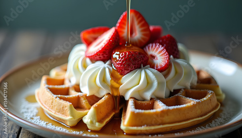 Artistic Close-Up of Golden Belgian Waffles with Whipped Cream and Strawberries, Syrup Drizzling from Above, Breakfast Ideas